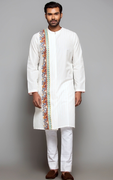 Picture of Ivory Printed and Embroidered Cotton Slim Fit Panjabi