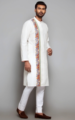 Picture of Ivory Printed and Embroidered Cotton Slim Fit Panjabi