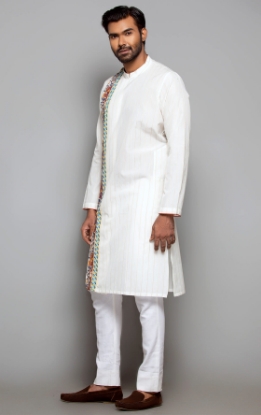 Picture of Ivory Printed and Embroidered Cotton Slim Fit Panjabi