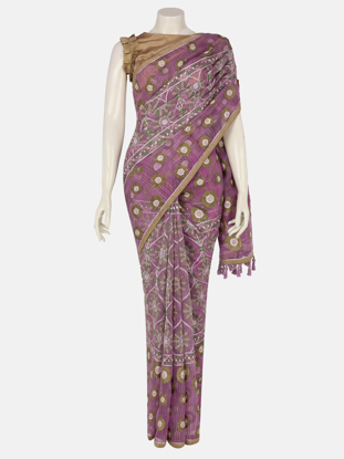 Picture of Light Plum Brush Painted and Embroidered Muslin Saree