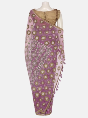 Picture of Light Plum Brush Painted and Embroidered Muslin Saree