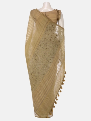 Picture of Golden Printed and Embroidered Endi Muslin Saree