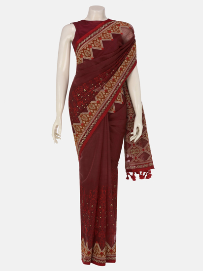 Picture of Maroon Appliqued and Embroidered Muslin Saree