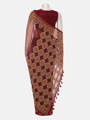 Picture of Maroon Appliqued and Embroidered Muslin Saree