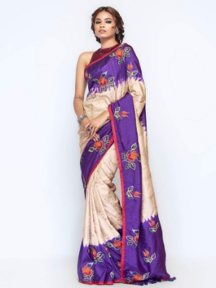Picture of Purple Tie-Dyed and Embroidered Silk Saree