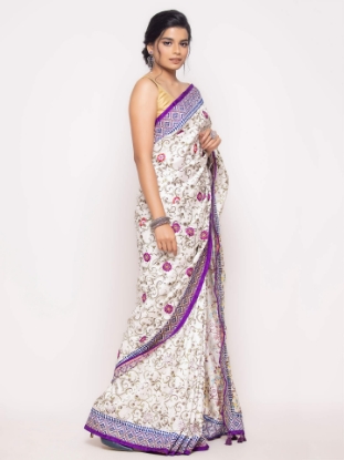 Picture of Ivory Printed and Embroidered Silk Saree