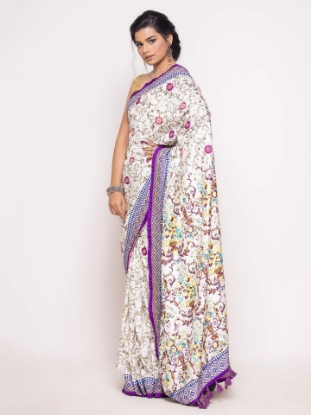 Picture of Ivory Printed and Embroidered Silk Saree