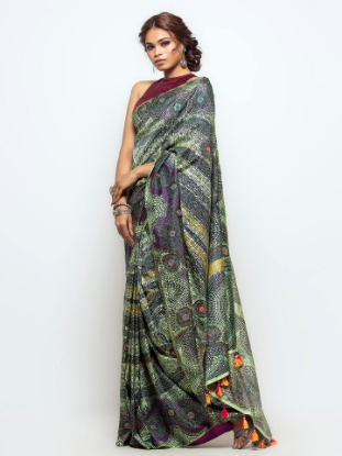Picture of Pastel Green Printed and Embroidered Silk Saree