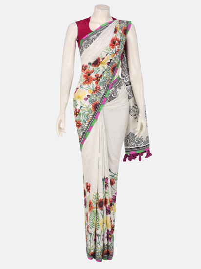 Picture of Ivory Brush Painted and Printed Silk Saree