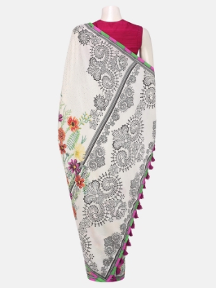 Picture of Ivory Brush Painted and Printed Silk Saree