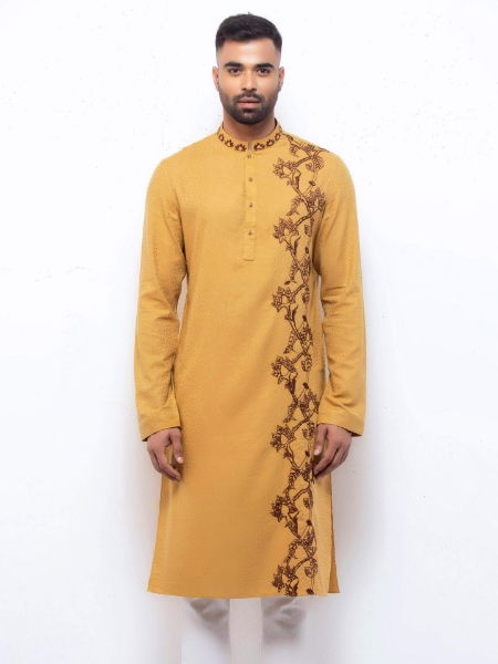 Picture of Mustard Embroidered Viscose-Cotton Panjabi