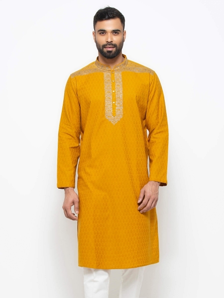 Picture of Mustard Embroidered Cotton Panjabi