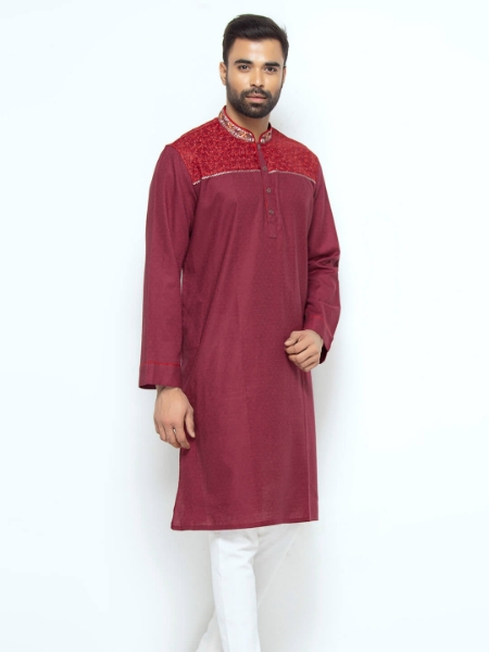 Picture of Maroon Embroidered Viscose-Cotton Panjabi
