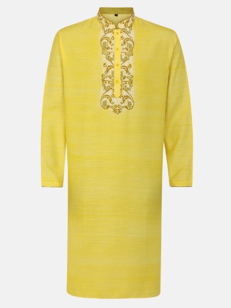 Picture of Yellow Brush Painted and Embroidered Viscose-Cotton Panjabi