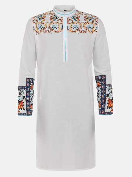 Picture of White Printed Viscose-Cotton Slim Fit Panjabi