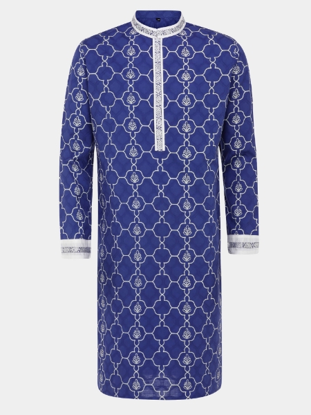 Picture of Blue Printed and Embroidered Slim Fit Cotton Panjabi