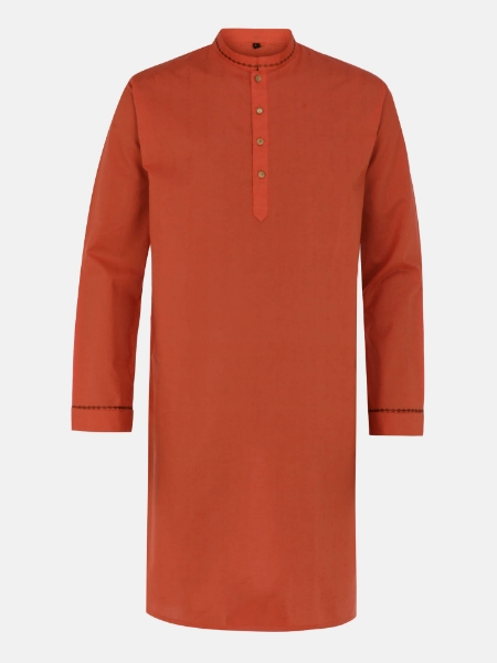 Picture of Brick Red Embroidered and Printed Slim Fit Cotton Panjabi