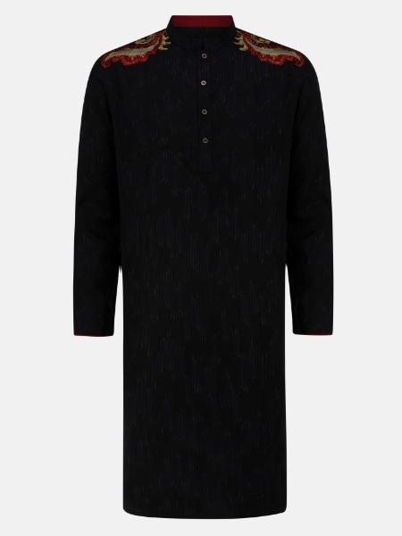 Picture of Black Handloom Embroidered Viscose-Cotton Panjabi