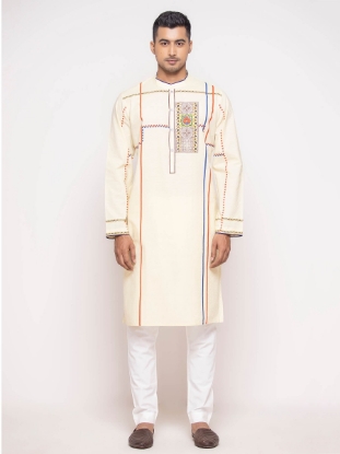 Picture of Light Beige Printed Slim Fit Cotton Panjabi