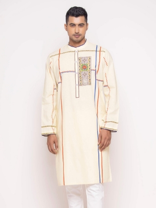 Picture of Light Beige Printed Slim Fit Cotton Panjabi