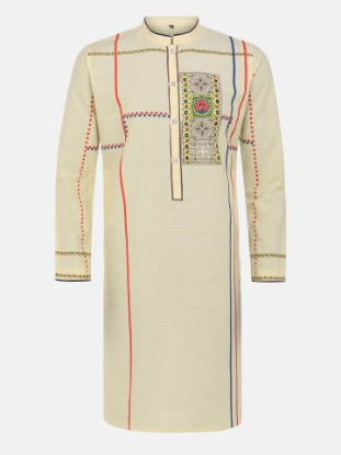 Picture of Light Beige Printed Slim Fit Cotton Panjabi