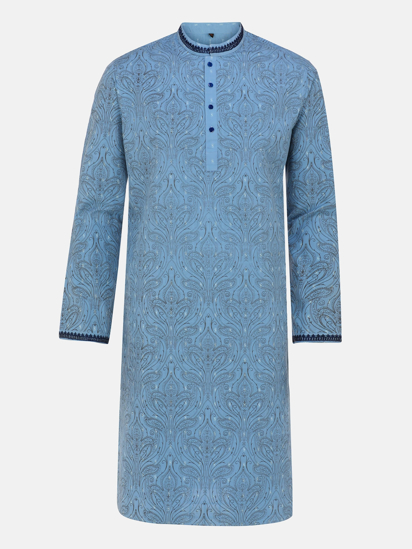 Picture of Stone Blue Printed and Embroidered Slim Fit Cotton Panjabi