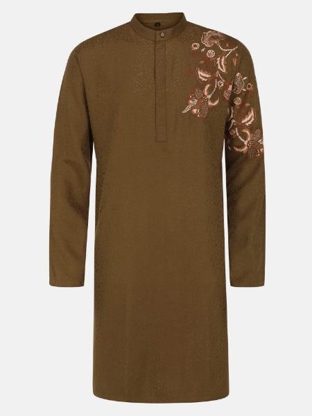 Picture of Brown Embroidered Slim Fit Viscose-Cotton Panjabi