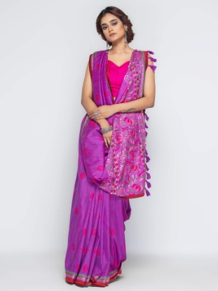 Picture of Purple Brush Painted Nakshi Kantha Embroidered Silk Saree