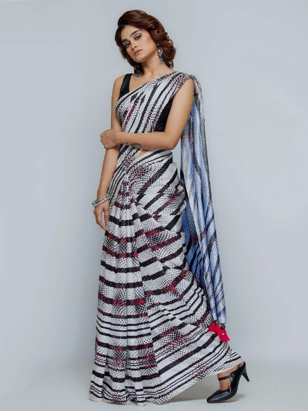 Picture of White Brush Painted and Printed Silk Saree
