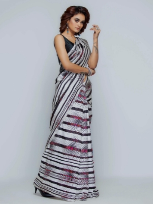 Picture of White Brush Painted and Printed Silk Saree