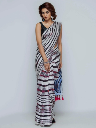 Picture of White Brush Painted and Printed Silk Saree