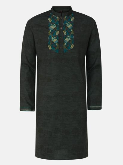 Picture of Dark Moss Green Embroidered Slim Fit Cotton Panjabi