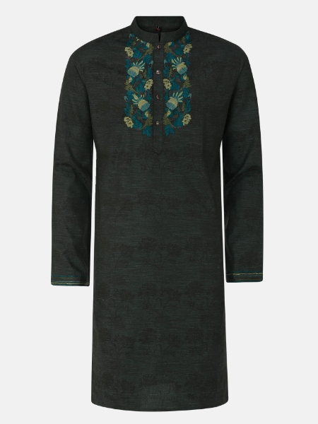 Picture of Dark Moss Green Embroidered Slim Fit Cotton Panjabi