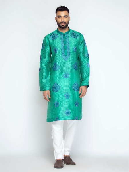 Picture of Light Teal Embroidered Mixed Muslin Panjabi Pajama Set