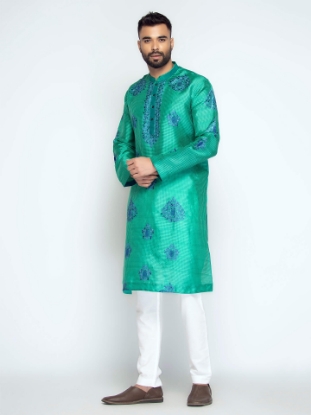 Picture of Light Teal Embroidered Mixed Muslin Panjabi Pajama Set