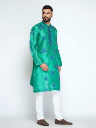 Picture of Light Teal Embroidered Mixed Muslin Panjabi Pajama Set