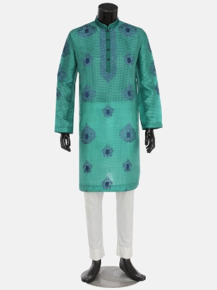 Picture of Light Teal Embroidered Mixed Muslin Panjabi Pajama Set