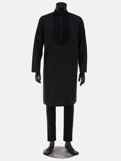 Picture of Black Embroidered Viscose-Cotton Panjabi Pajama Set