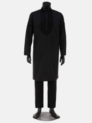 Picture of Black Embroidered Viscose-Cotton Panjabi Pajama Set