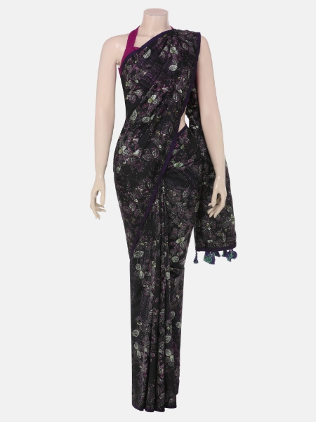 Picture of Black Printed Embroidered Silk Saree