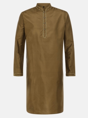 Picture of Dark Olive Erri Embroidered Silk Men Panjabi Pajama Set