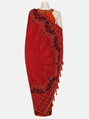 Picture of Red Appliqued and Brush Painted Silk Saree