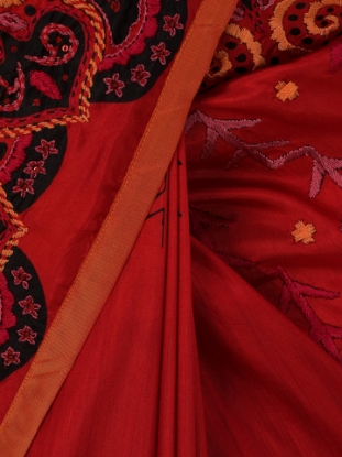 Picture of Red Appliqued and Brush Painted Silk Saree