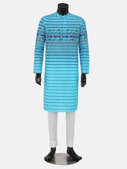 Picture of Blue Printed Slim Fit Viscose-Cotton Panjabi Pajama Set