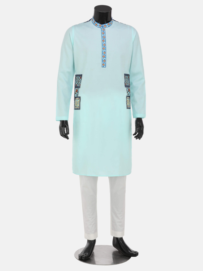 Picture of Pastel Blue Printed Viscose-Cotton Slim Fit Panjabi Pajama Set