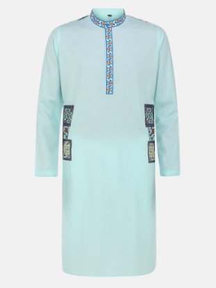 Picture of Pastel Blue Printed Viscose-Cotton Slim Fit Panjabi Pajama Set