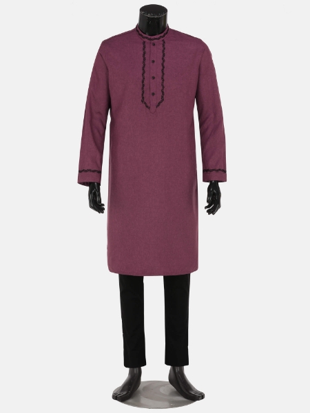 Picture of Mauve Embroidered Cotton Panjabi Pajama Set
