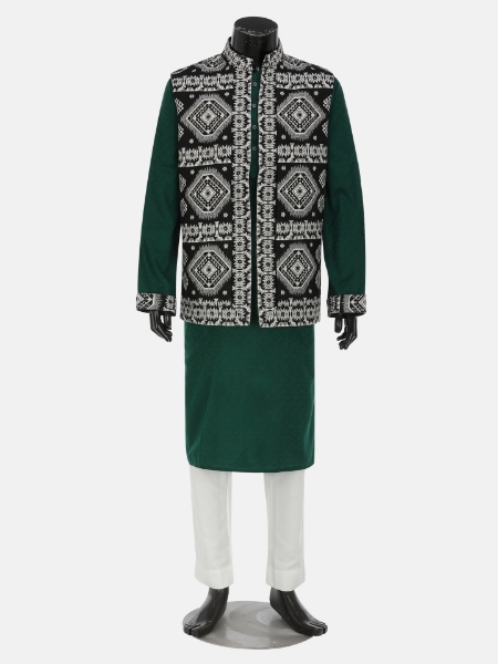 Picture of Green Cotton Panjabi Pajama Set with Coaty