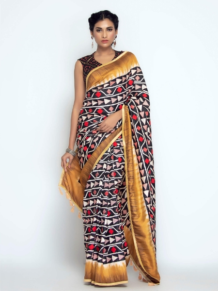 Picture of Black Dyed Appliqued and Embroidered Silk Saree