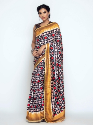 Picture of Black Dyed Appliqued and Embroidered Silk Saree